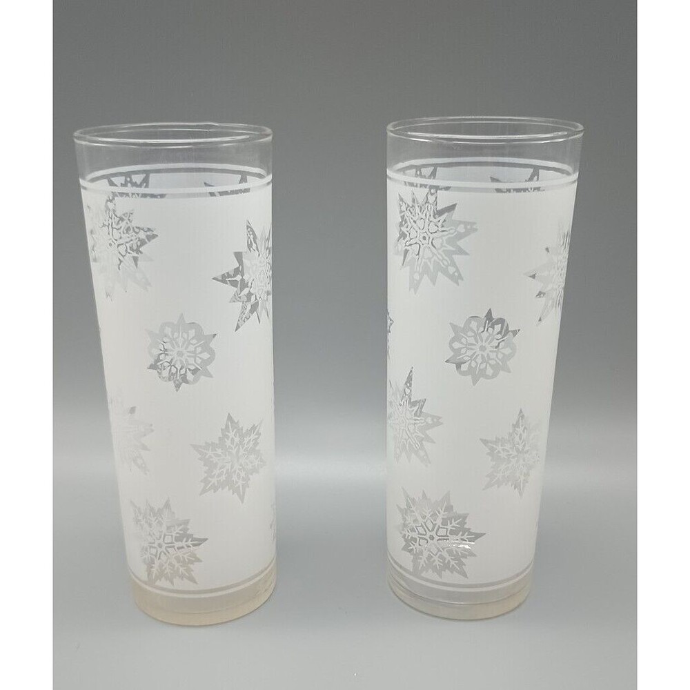 Federal Glass White Satin Frost Snowflake Tom Collins Highball Glasses Set Of 2